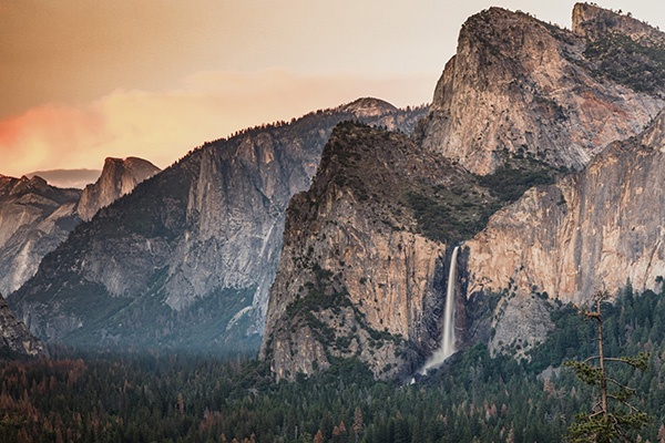Photograph of Bridalveil Fall taken from Tunnel View in Yosemite Valley