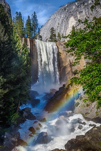 Photograph of Vernal Fall in Yosemite National Park California with rainbow