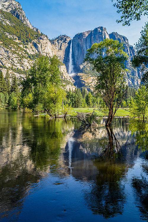 Upper Yosemite Falls and Yosemite Point. Photo taken near Swinging Bridge, Yosemite Valley